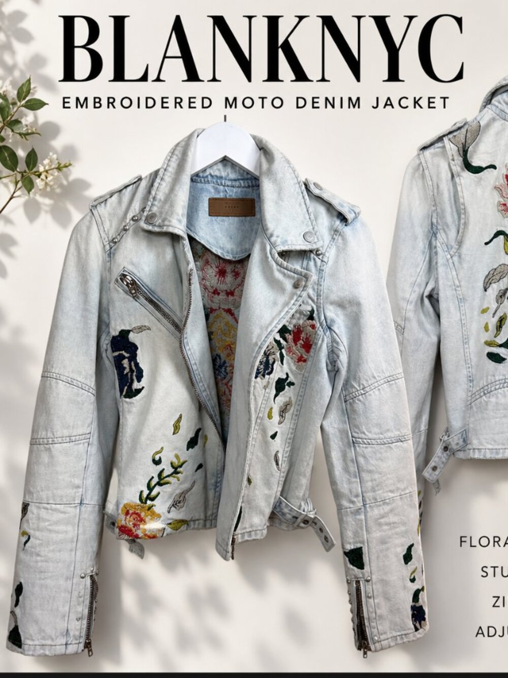 BLANKNYC Embroidered Moto Denim Jacket Floral Studded Zip Small